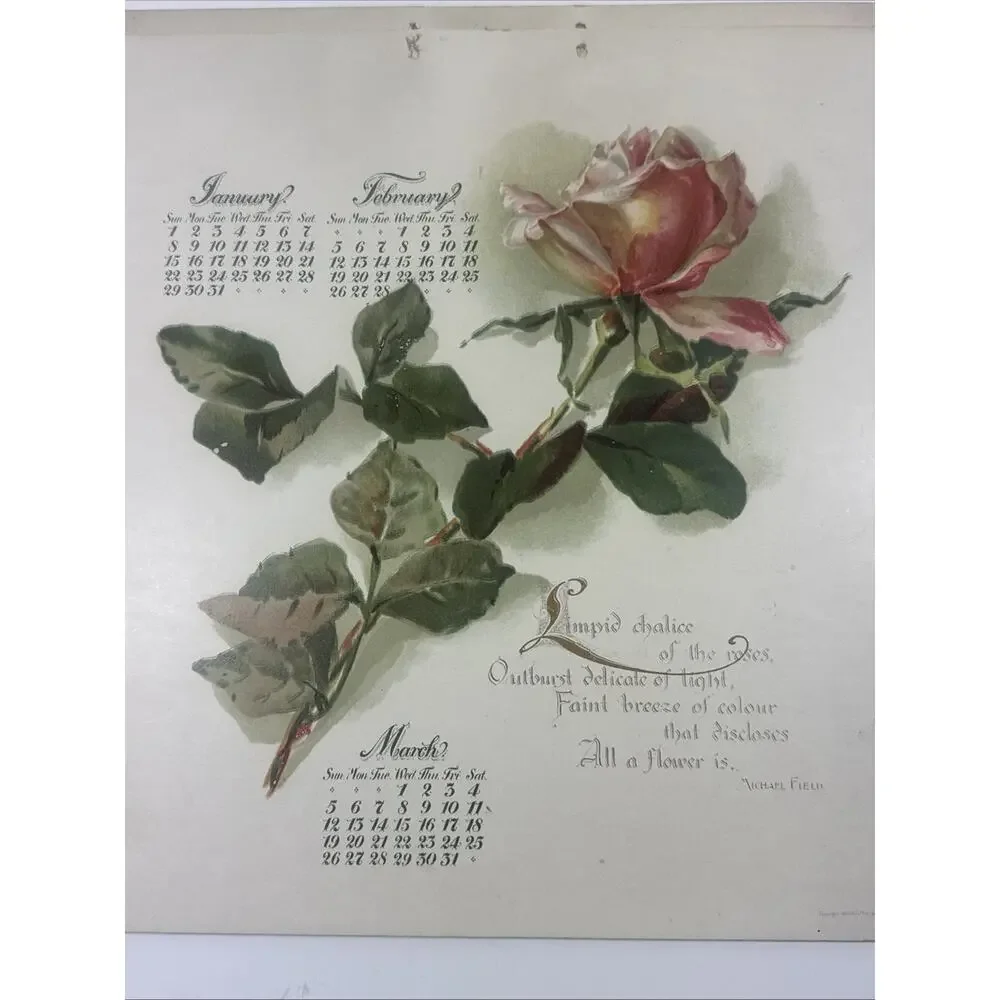 1899 Dewy Roses Calendar By Tabor Prang Art Co Boston MA